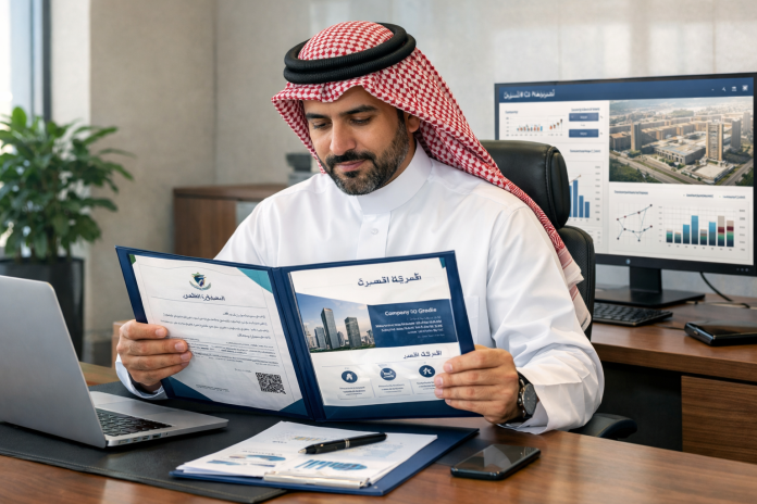 مقاول يراجع ملفه التجاري ومستنداته قبل التقديم على مشروع في السعودية