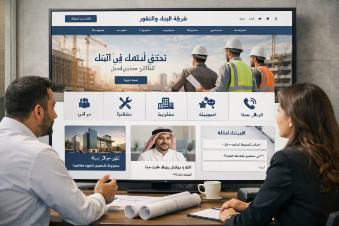 واجهة موقع إلكتروني لمقاول تعرض صفحات من نحن والخدمات والمشاريع والتواصل
