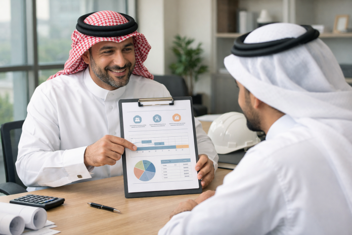 مقاول يراجع عرضًا مكتوبًا أمام عميل فردي في بيئة عمل احترافية