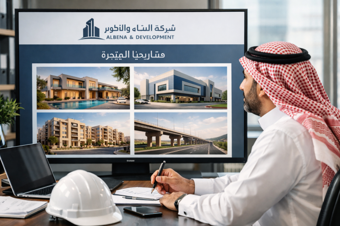 مقاول يراجع خطة تسويق مهني مع صور مشاريع وهوية بصرية واضحة