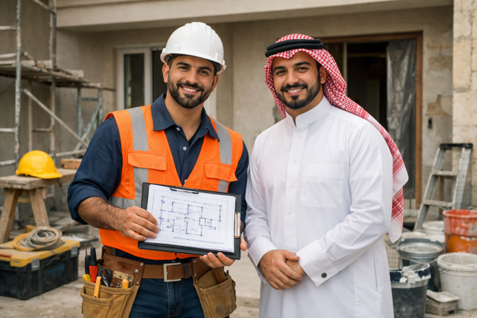 مقاول سعودي يناقش تفاصيل مشروع سكني صغير مع أحد الأهالي بشكل مهني وواضح