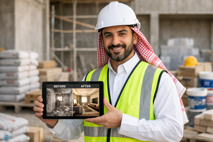 مقاول يعرض صور قبل وبعد لمشروع تشطيبات داخلية في السعودية على جهاز لوحي أمام عميل