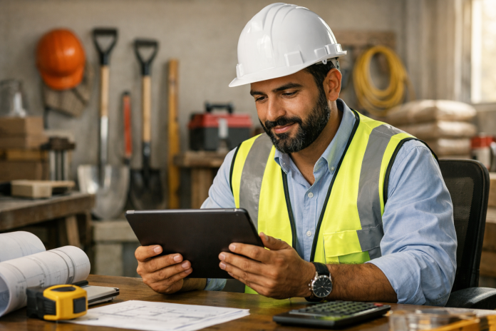 مقاول يراجع وصف خدماته على جهاز لوحي داخل مكتب عمل مهني