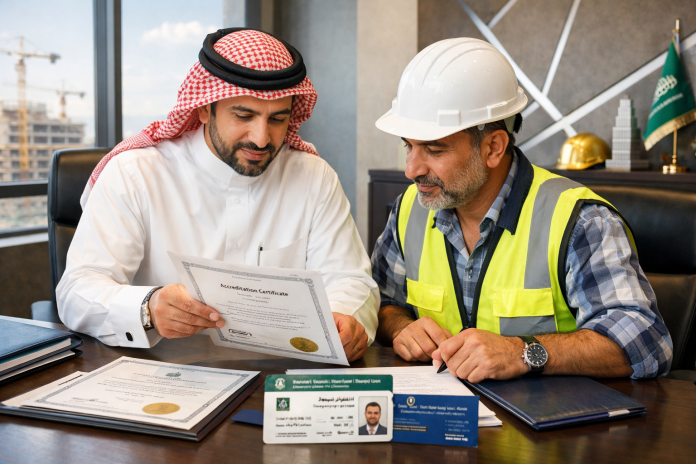 مقاول يراجع مستندات اعتماد وعضويات مهنية داخل مكتب هندسي حديث