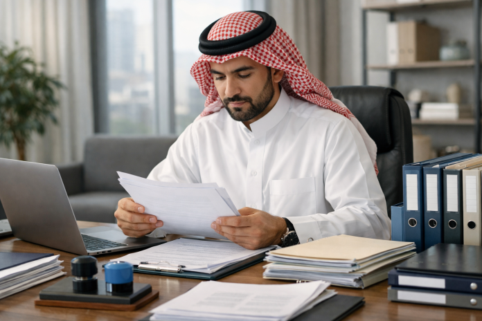 مقاول يراجع ملفات ومستندات عمل منظمة على مكتب في بيئة مهنية داخل السعودية