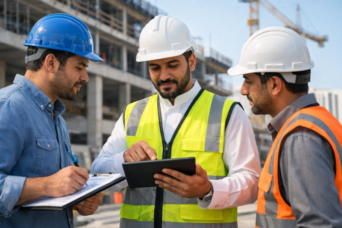 مقاول يراجع خطة تنفيذ مشروع مع فريق العمل في موقع إنشائي حديث بالسعودية