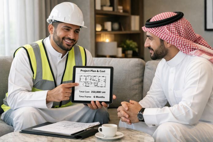 مقاول يشرح عرض مشروع منزل لعميل في مجلس منزل سعودي