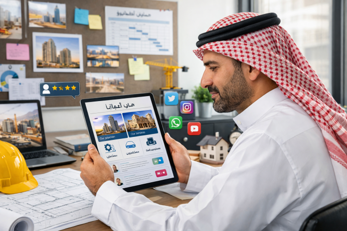 مقاول يراجع بروفايل احترافي يعرض الخدمات والخبرة والصور ووسائل التواصل