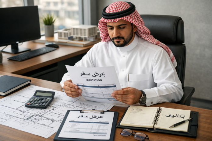 مقاول يراجع عرض سعر لمشروع بناء مع مخططات وأدوات عمل على الطاولة