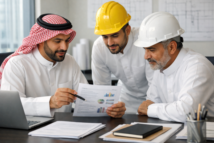 مقاول يراجع عرضًا مختصرًا من صفحة واحدة على مكتب عمل