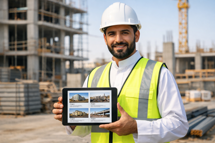 مقاول يعرض صفحة مشاريع منفصلة على جهاز لوحي أمام موقع عمل