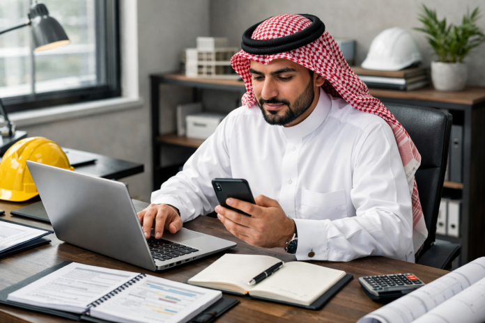 مقاول يرد على استفسارات عميل عبر الهاتف والكمبيوتر داخل مكتب منظم