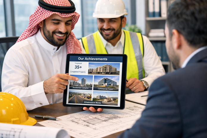مقاول يعرض ملف إنجازات احترافي على عميل داخل مكتب هندسي في السعودية