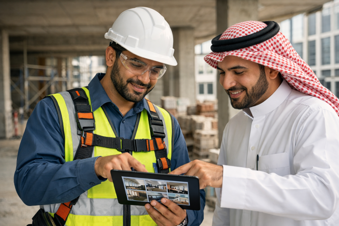 مقاول يناقش مع عميل سابق مشروعاً جديداً في موقع عمل داخل السعودية