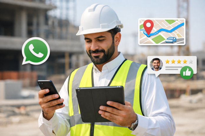 مقاول سعودي يراجع قنوات التسويق المحلي على هاتف وجهاز لوحي في موقع عمل