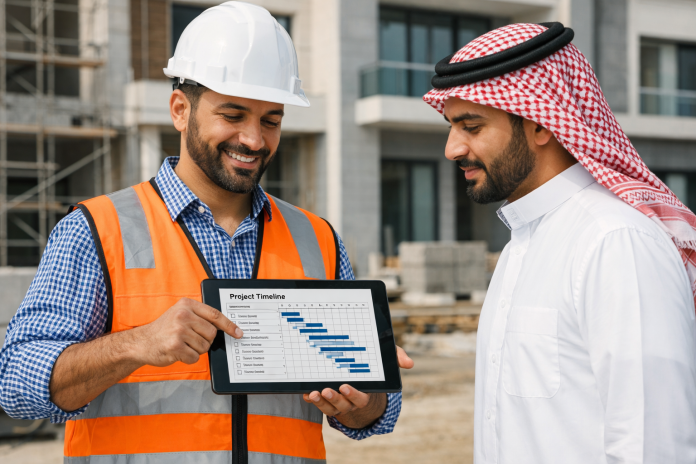 مقاول يشرح جدول تنفيذ أمام عميل في موقع مشروع سكني