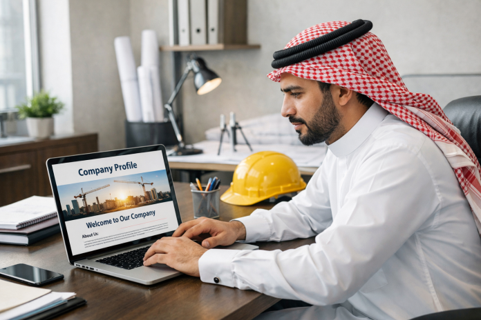 مقاول يراجع نبذة تعريفية لشركته على شاشة لابتوب في مكتب احترافي