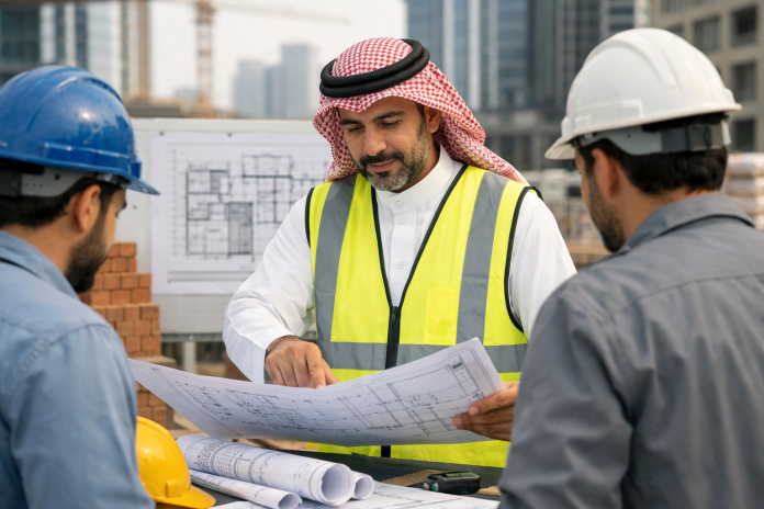 مقاول سعودي يراجع خطط مشروع مع فريق العمل في موقع إنشائي حديث