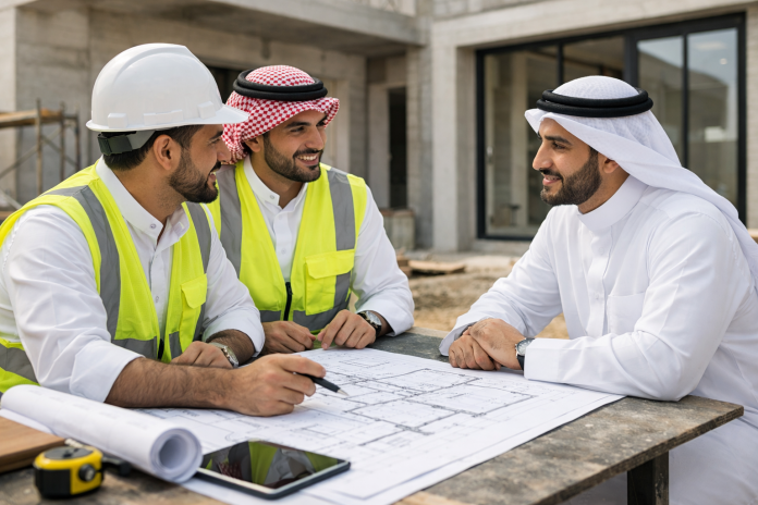 مقاول يناقش تفاصيل مشروع مع صاحب منزل في السعودية بشكل مهني وواضح