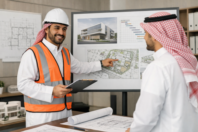 مقاول يشرح نطاق العمل لعميل أمام مخططات وموقع مشروع